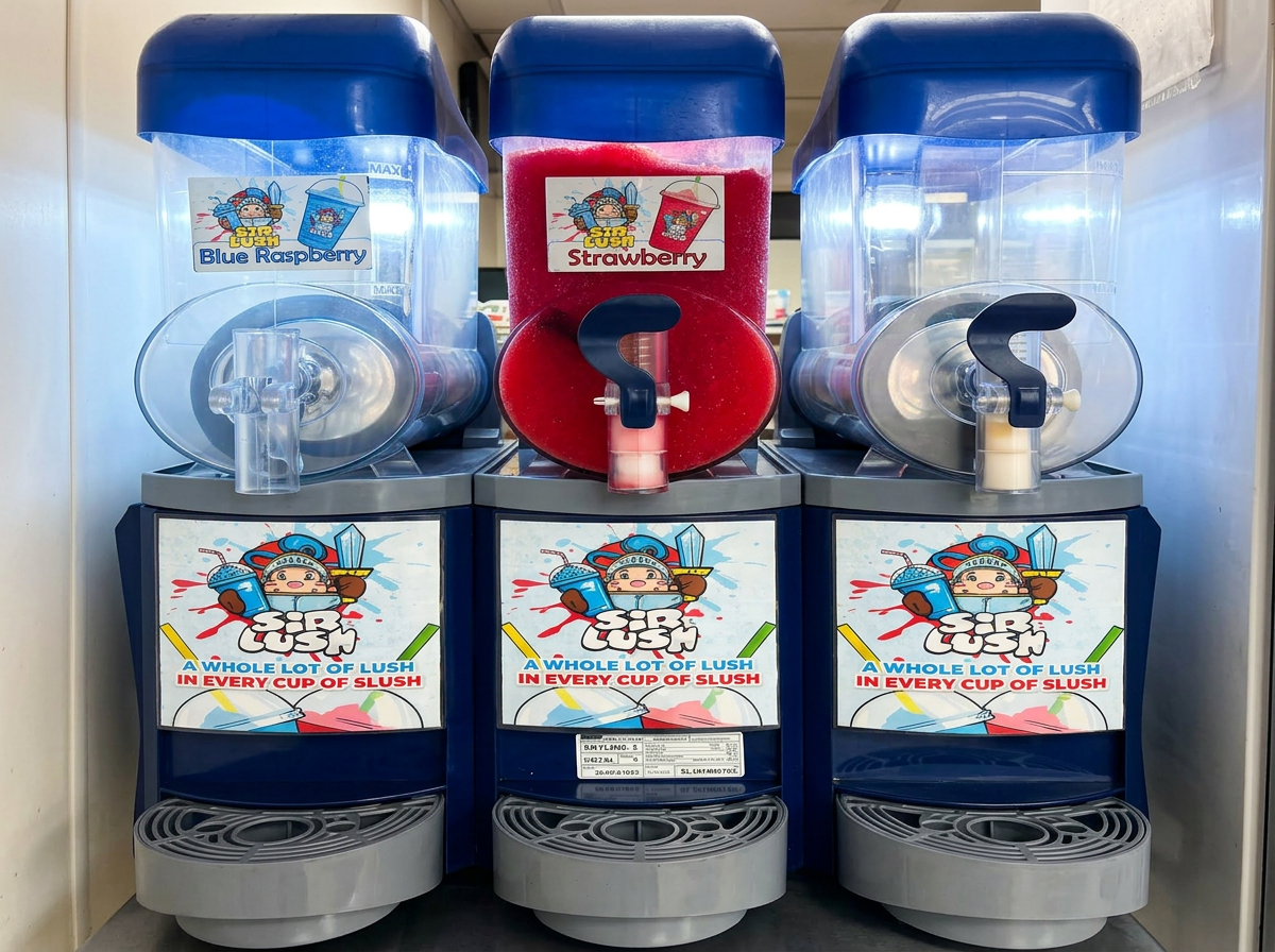 Sir Lush slush machines in Blue Raspberry and Strawberry flavours